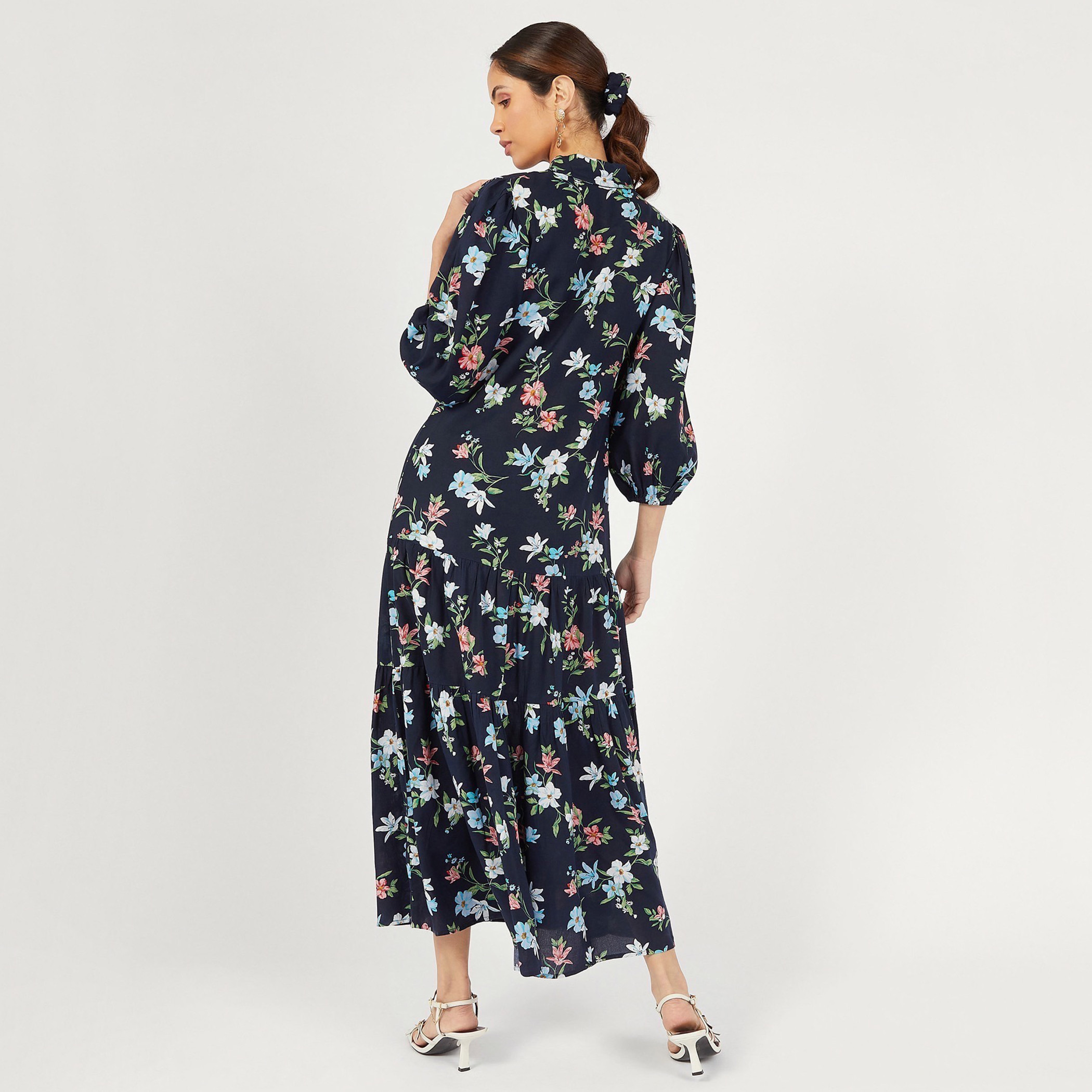 فستان تنورة طويل بطبعات أزهار وأكمام 3/4 وزر إغلاق-women-clothing-dresses-image-3