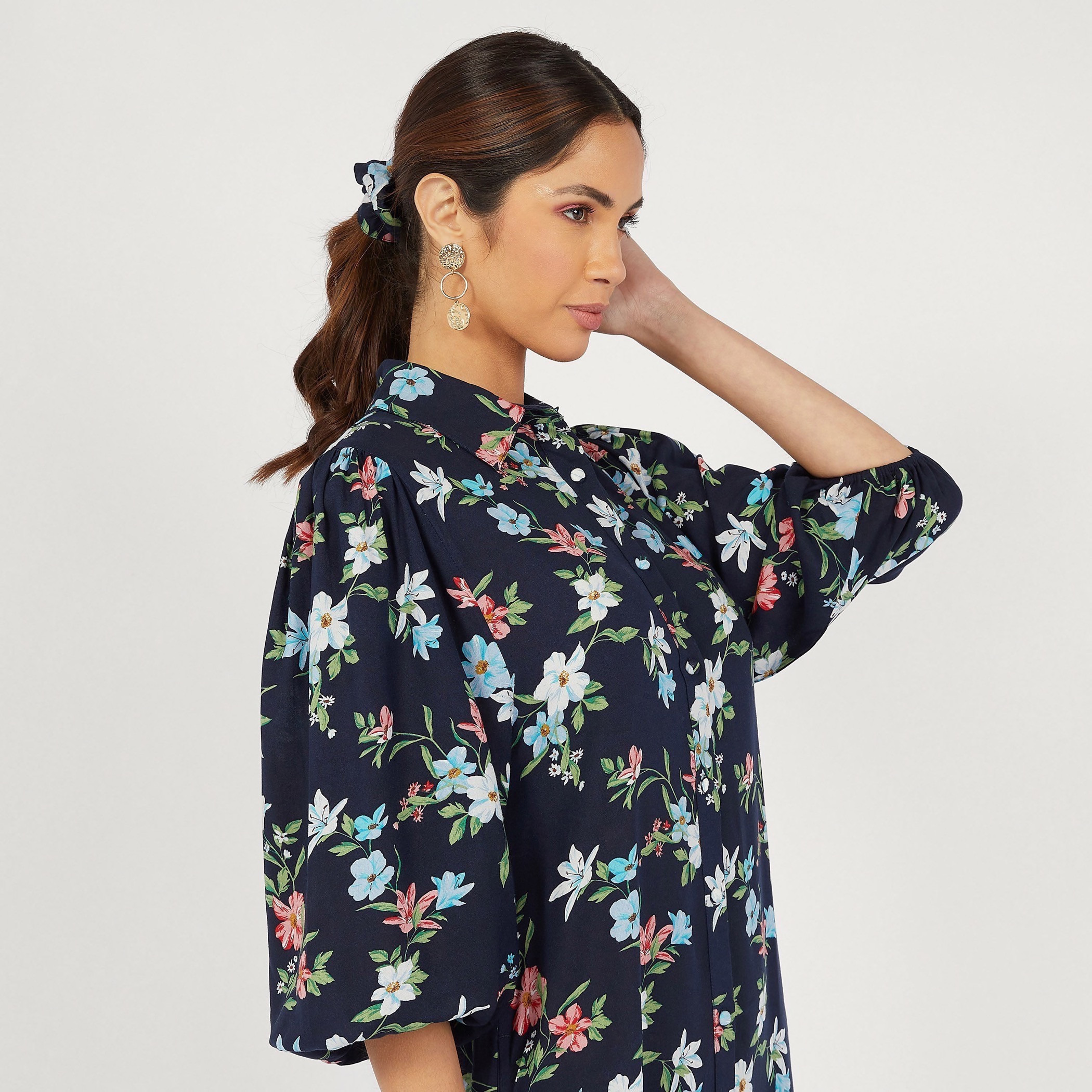 فستان تنورة طويل بطبعات أزهار وأكمام 3/4 وزر إغلاق-women-clothing-dresses-image-4