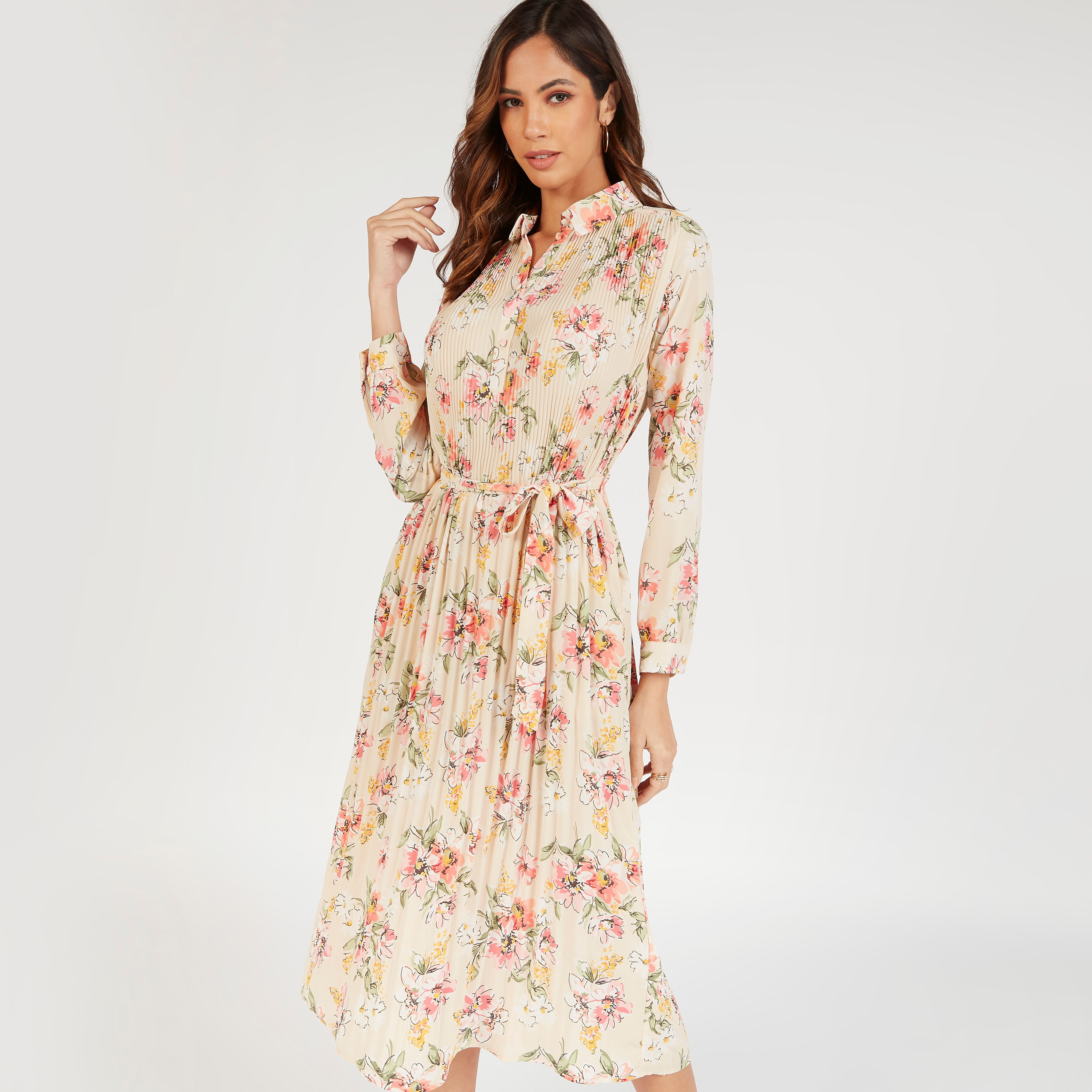 فستان إيه لاين طويل بكسرات وتصميم أزهار وأكمام طويلة ورباط-women-clothing-dresses-image-1