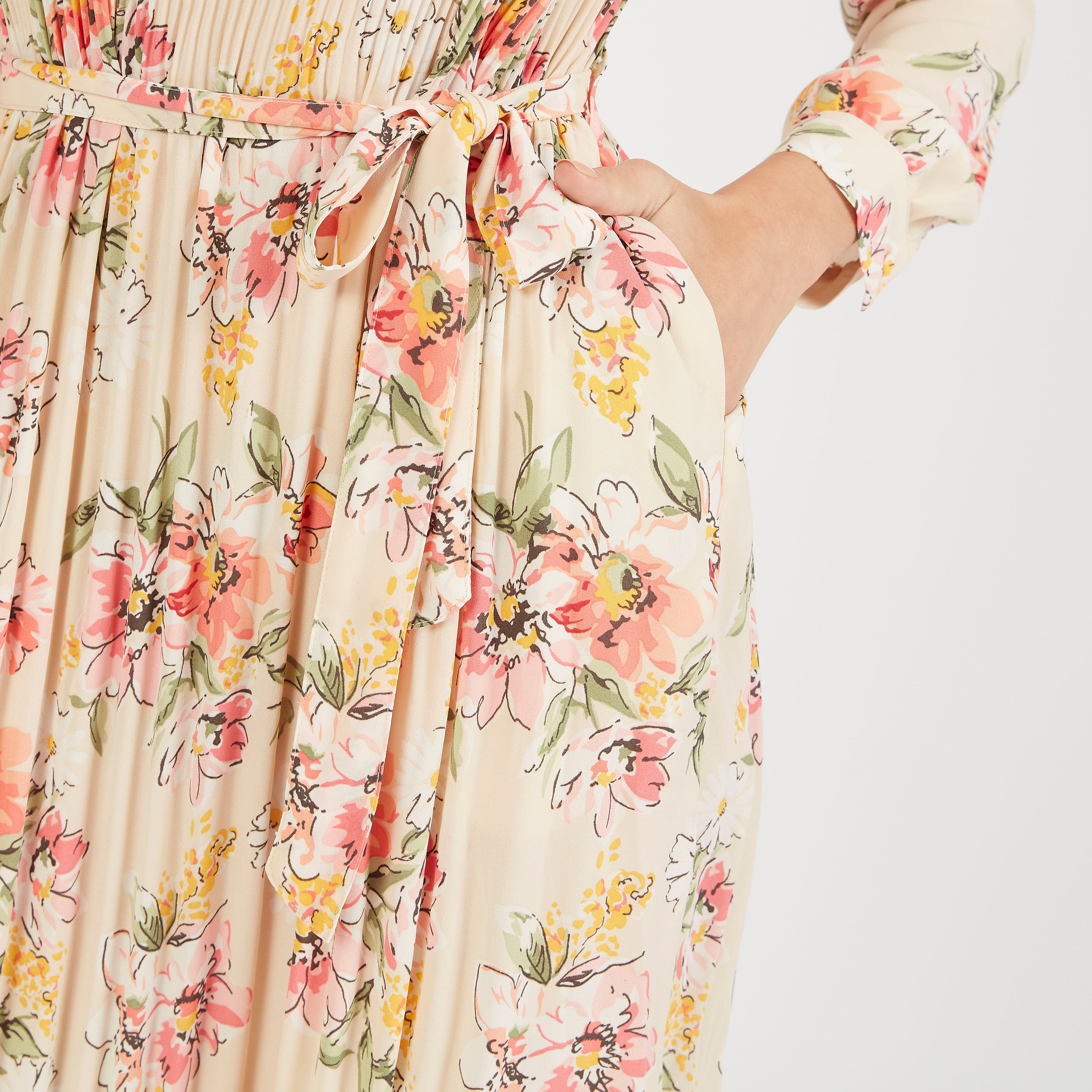 فستان إيه لاين طويل بكسرات وتصميم أزهار وأكمام طويلة ورباط-women-clothing-dresses-image-3