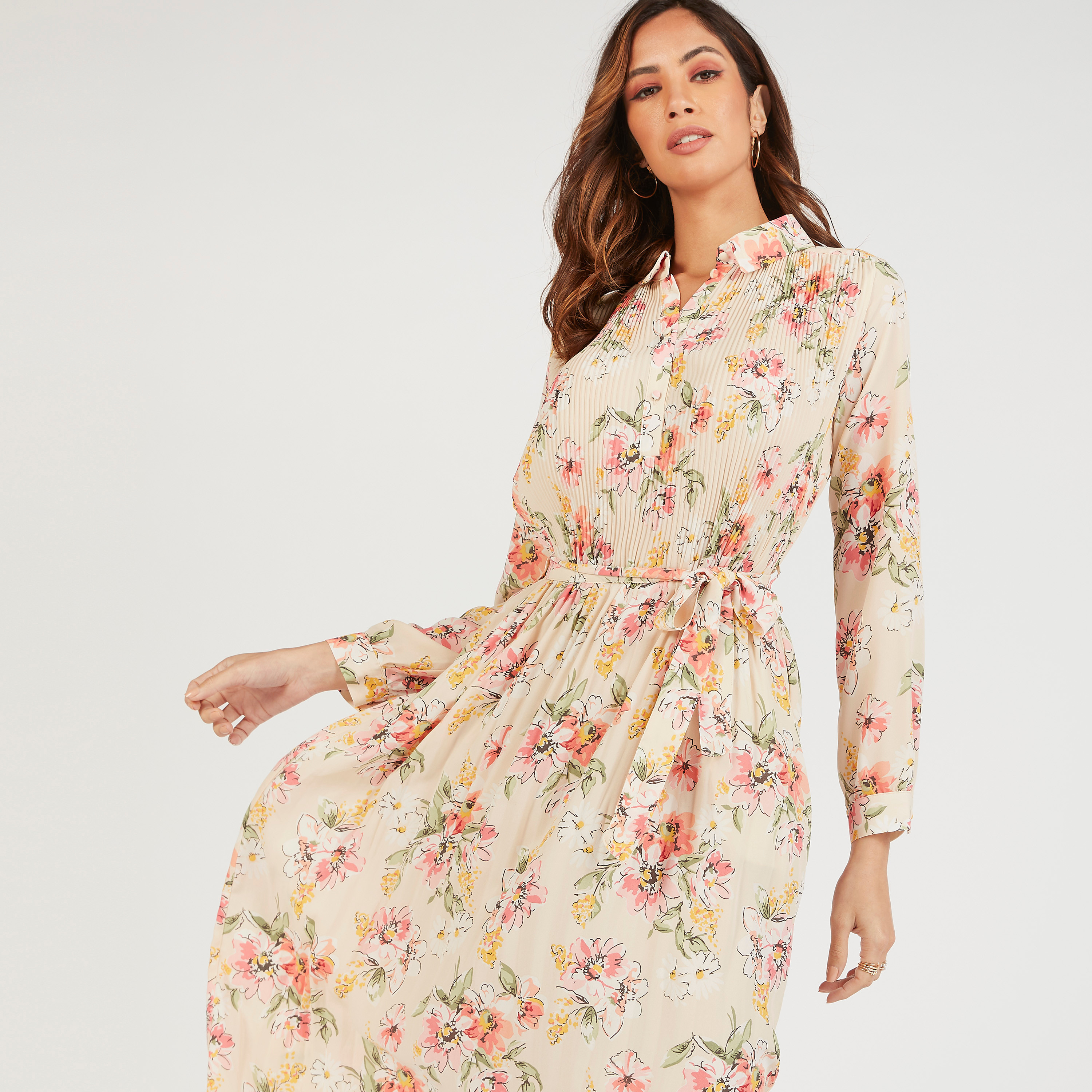 فستان إيه لاين طويل بكسرات وتصميم أزهار وأكمام طويلة ورباط-women-clothing-dresses-image-5