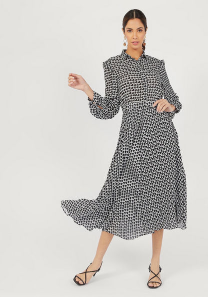 Printed Midi A-Line Dress with Long Sleeves and Button Closure-Dresses-image-0