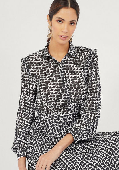 Printed Midi A-Line Dress with Long Sleeves and Button Closure-Dresses-image-1