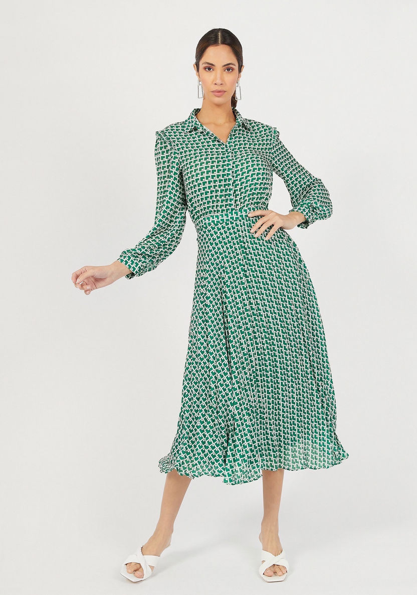 Printed Midi A-Line Dress with Long Sleeves and Button Closure-Dresses-image-0
