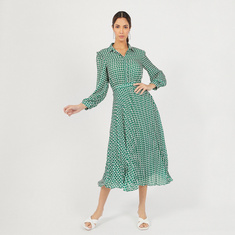 Printed Midi A-Line Dress with Long Sleeves and Button Closure
