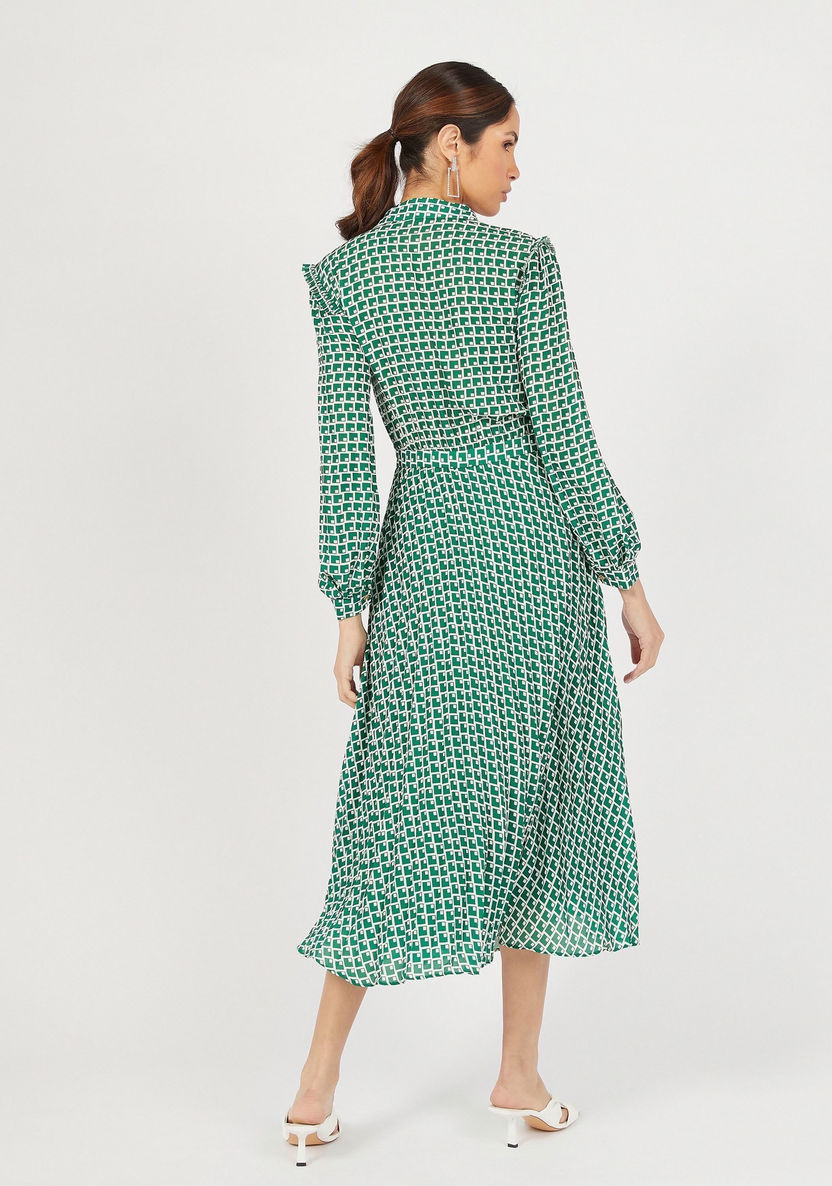 Printed Midi A-Line Dress with Long Sleeves and Button Closure-Dresses-image-3