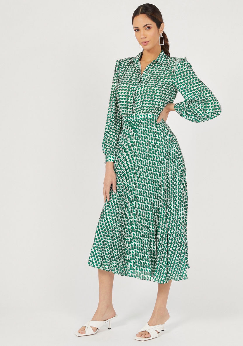 Printed Midi A-Line Dress with Long Sleeves and Button Closure-Dresses-image-4