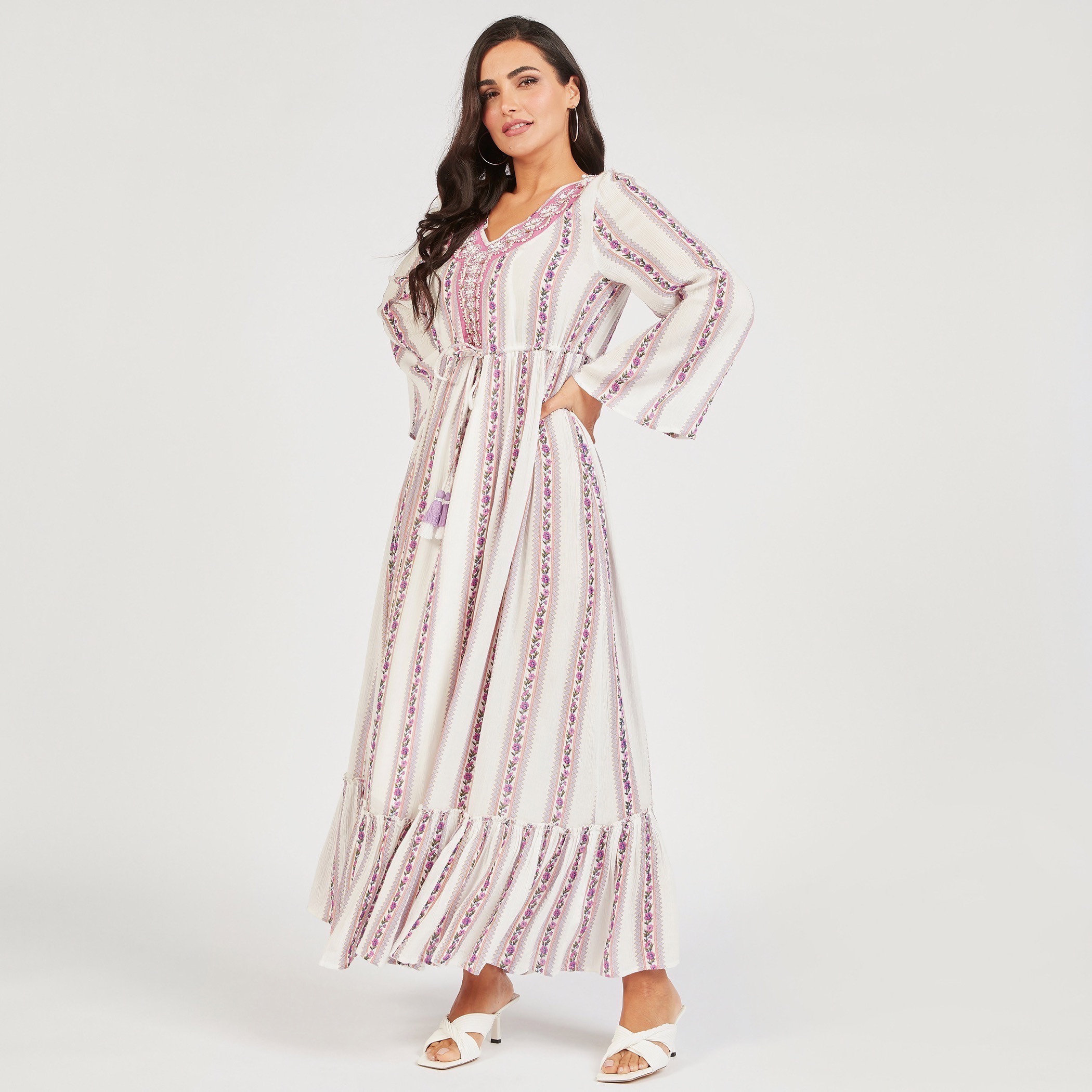 Floral Print A-line Maxi Dress with V-neck and Embellished Detail-women-clothing-dresses-image-1