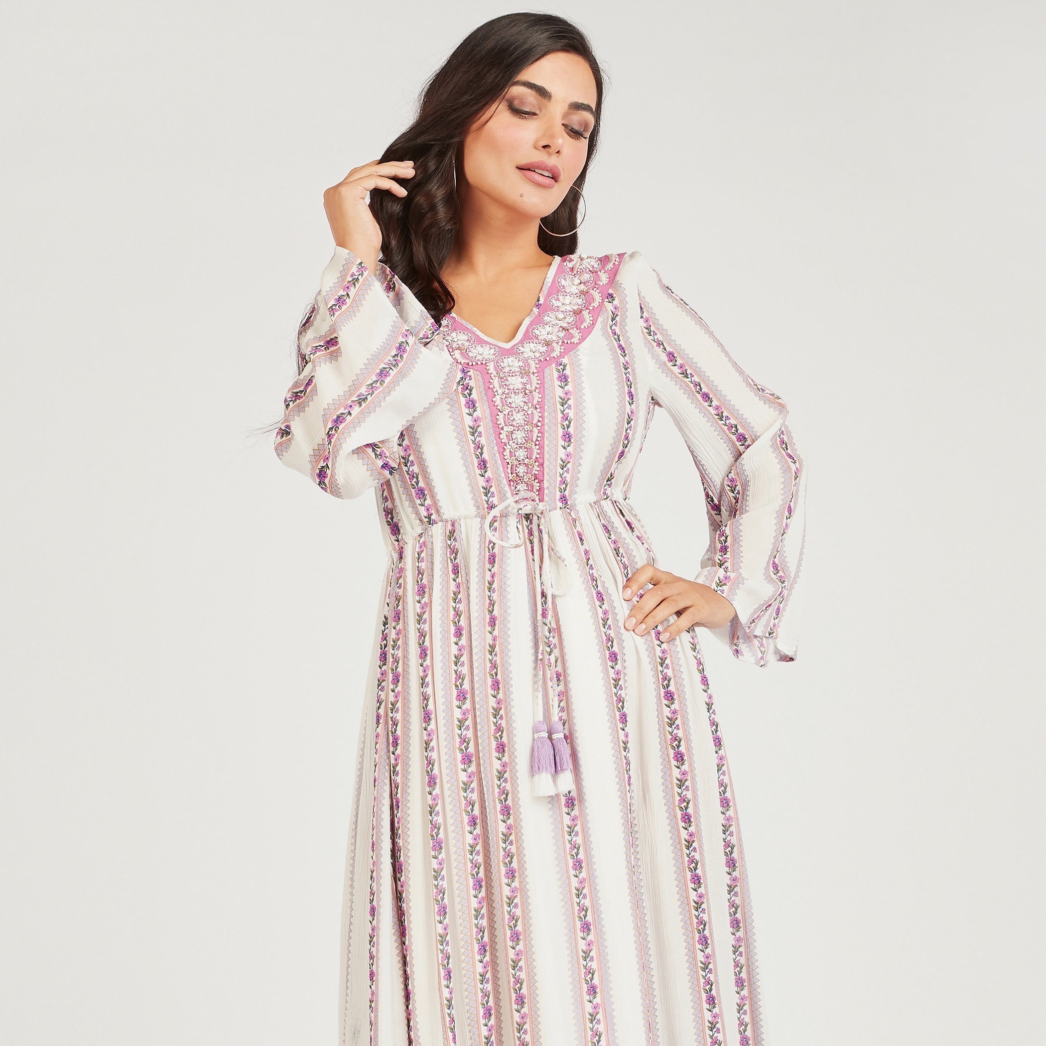 Floral Print A-line Maxi Dress with V-neck and Embellished Detail-women-clothing-dresses-image-2