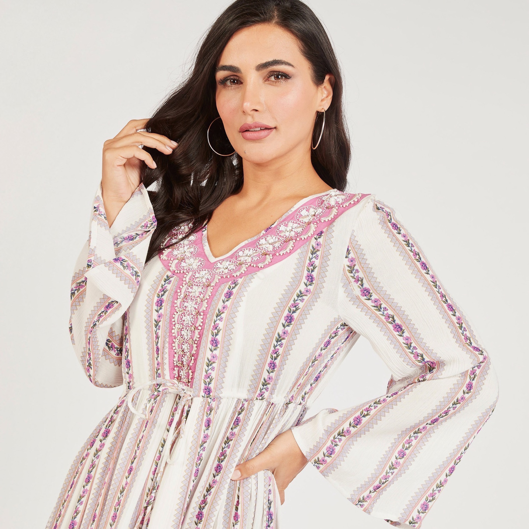 Floral Print A-line Maxi Dress with V-neck and Embellished Detail-women-clothing-dresses-image-3