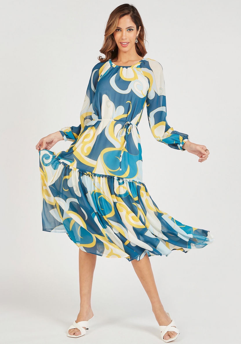 Printed Midi Tiered Dress with Long Sleeves and Tie-Ups-Dresses-image-0