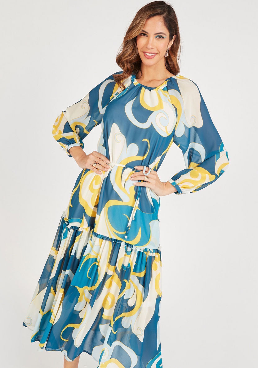 Printed Midi Tiered Dress with Long Sleeves and Tie-Ups-Dresses-image-1