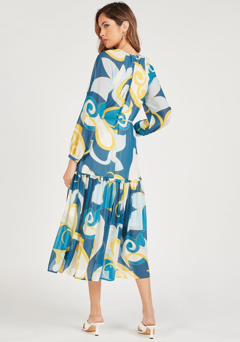 Printed Midi Tiered Dress with Long Sleeves and Tie-Ups-Dresses-image-3