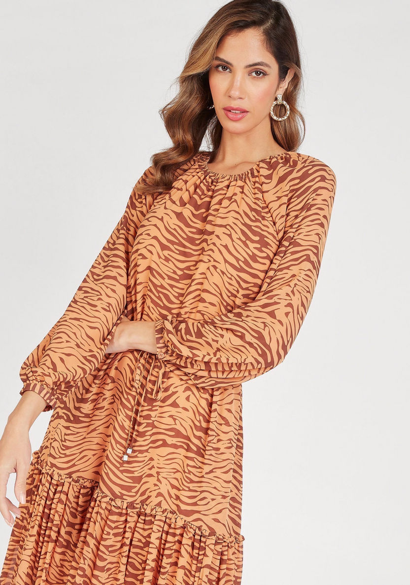 Printed Midi Tiered Dress with Long Sleeves and Tie-Ups-Dresses-image-5