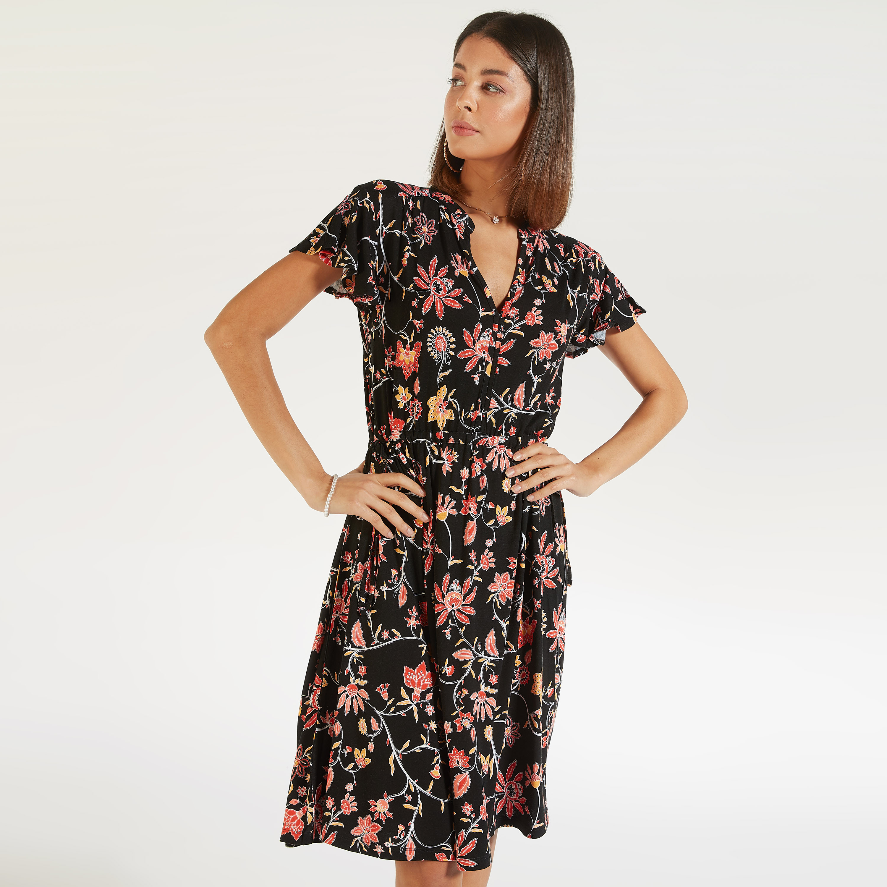 فستان ميدي بأكمام واسعة وخصر رباط وطبعات-women-clothing-dresses-image-1