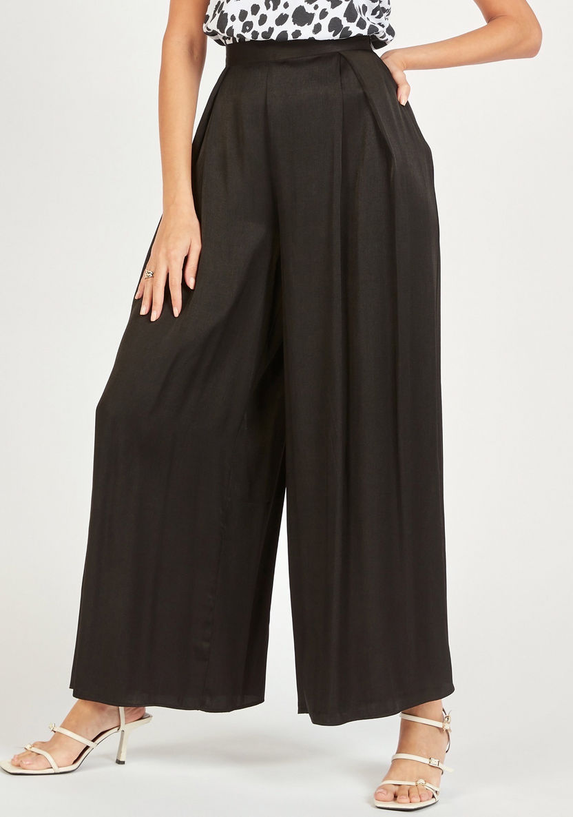 Solid Flexi Waist Palazzo with Pleat Detail-Pants-image-0