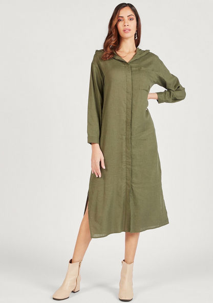 Solid Midi Shirt Dress with Hood and Chest Pocket-Dresses-image-0
