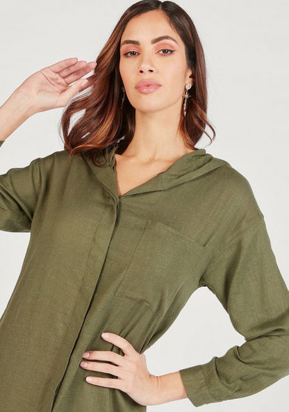 Solid Midi Shirt Dress with Hood and Chest Pocket-Dresses-image-2