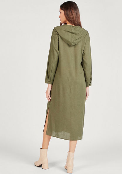 Solid Midi Shirt Dress with Hood and Chest Pocket-Dresses-image-3