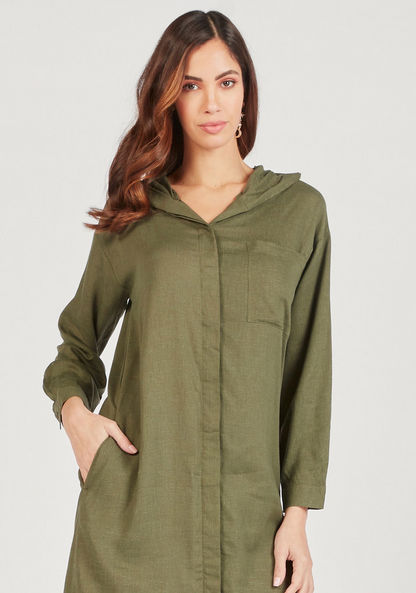 Solid Midi Shirt Dress with Hood and Chest Pocket-Dresses-image-4