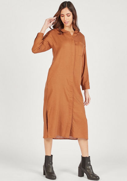 Solid Midi Shirt Dress with Hood and Chest Pocket-Dresses-image-0