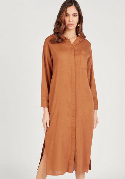 Solid Midi Shirt Dress with Hood and Chest Pocket-Dresses-image-1
