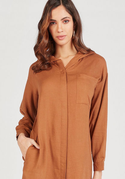 Solid Midi Shirt Dress with Hood and Chest Pocket-Dresses-image-2