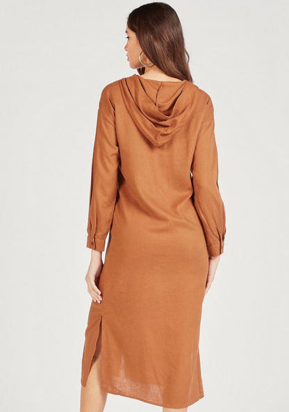 Solid Midi Shirt Dress with Hood and Chest Pocket-Dresses-image-3