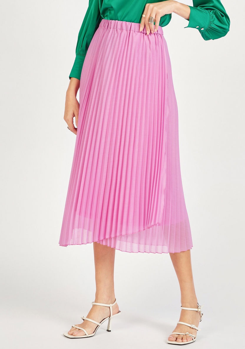 Pleated Asymmetric Midi Skirt with Elasticated Waistband-Skirts-image-0