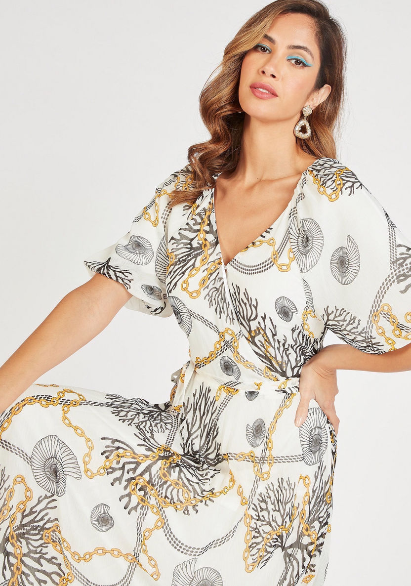 Printed Maxi Wrap Dress with V-neck and Short Sleeves-Dresses-image-0