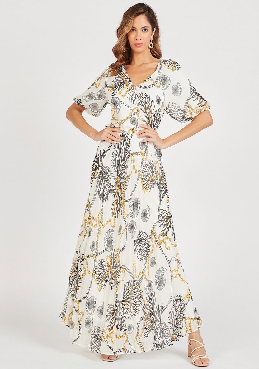 Printed Maxi Wrap Dress with V-neck and Short Sleeves-Dresses-image-1