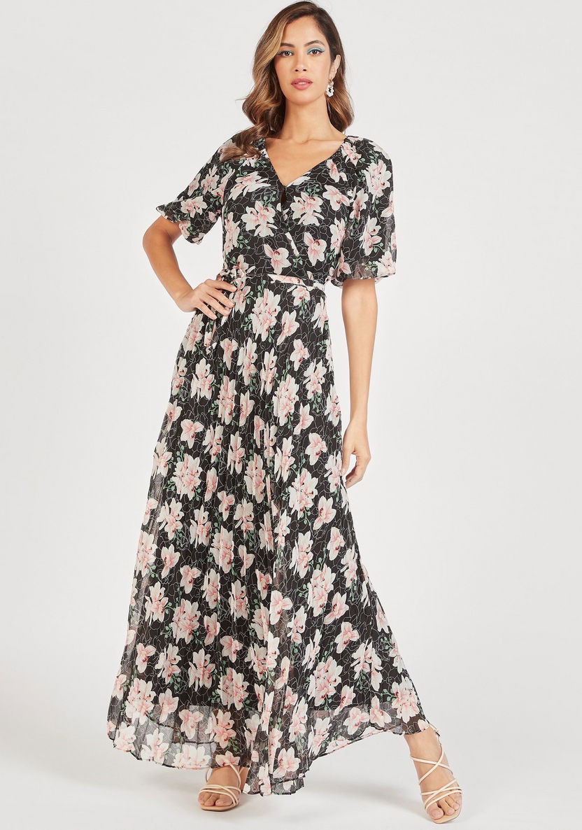 Floral Maxi Wrap Dress with V-neck and Short Sleeves-Dresses-image-0