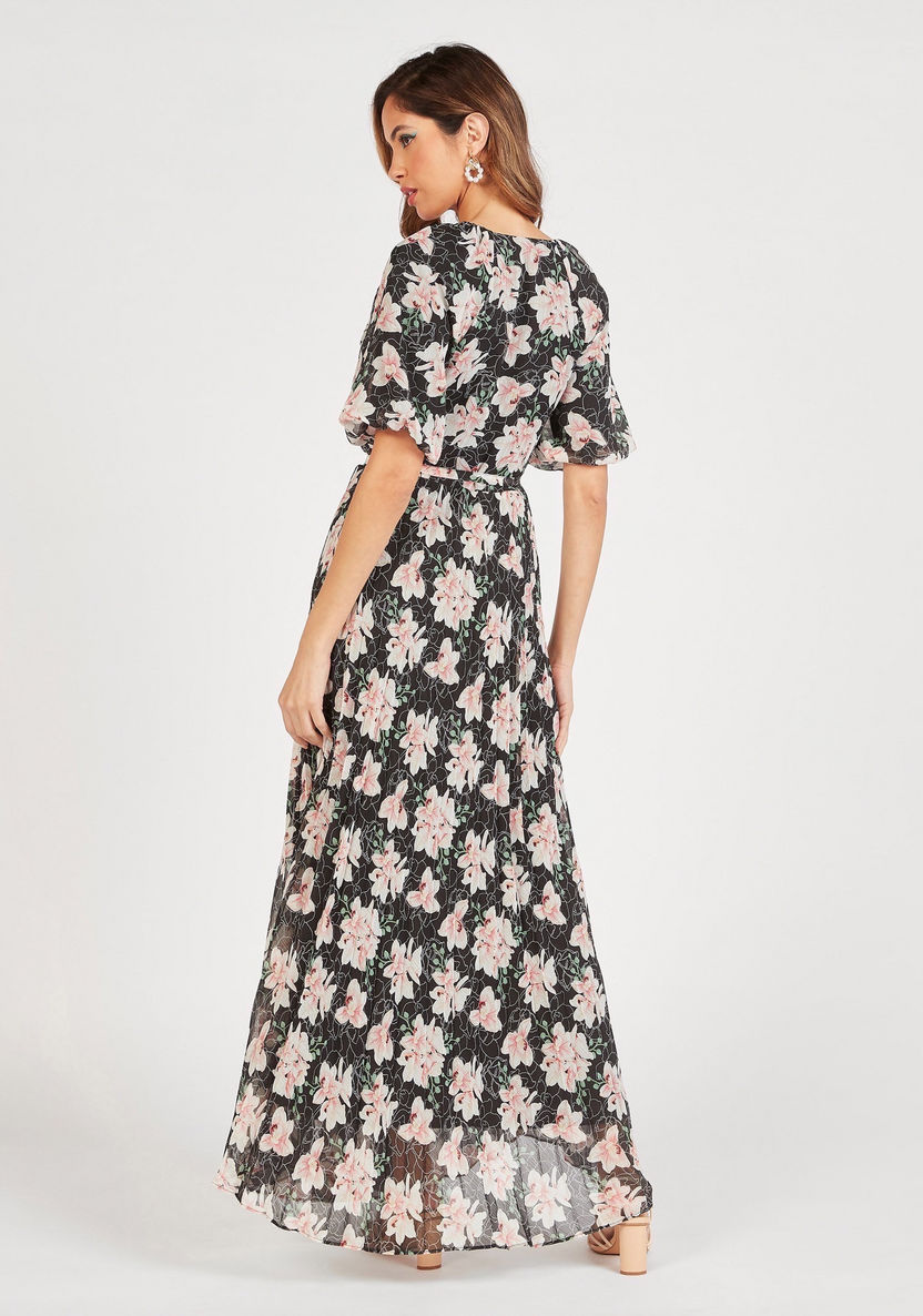 Floral Maxi Wrap Dress with V-neck and Short Sleeves-Dresses-image-3