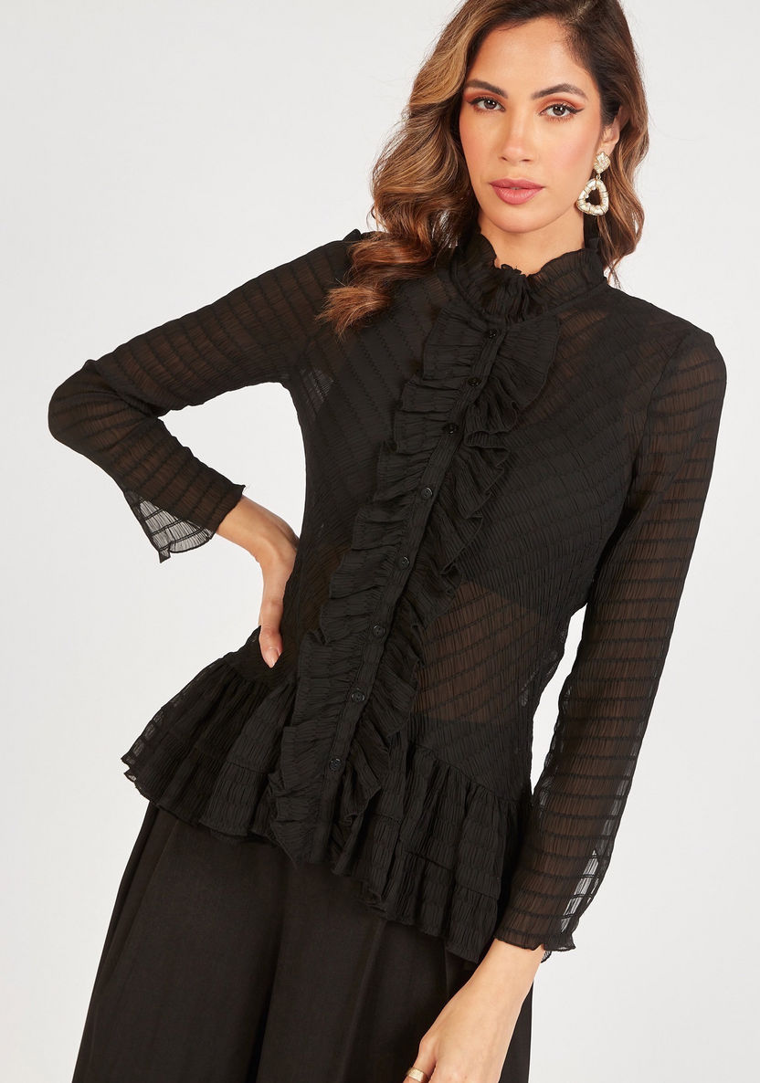 Textured Long Sleeves Shirt with Ruffle Detail-Tops-image-0