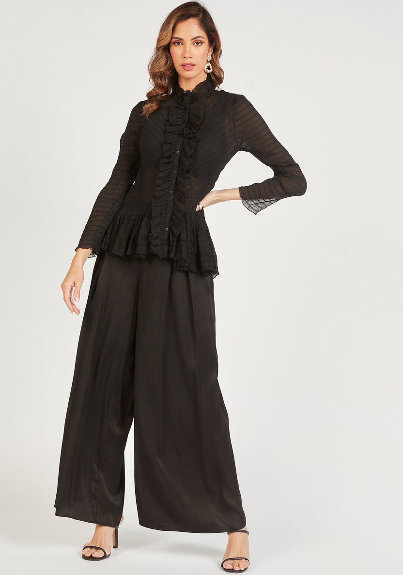 Textured Long Sleeves Shirt with Ruffle Detail-Tops-image-1