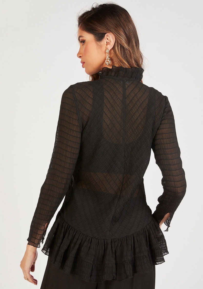 Textured Long Sleeves Shirt with Ruffle Detail-Tops-image-3