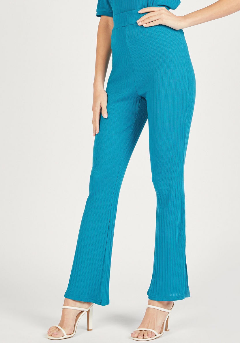 Textured Mid-Rise Pants with Elasticated Waistband and Side Slits-Pants-image-0