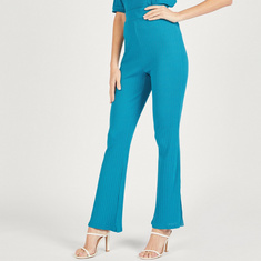 Textured Mid-Rise Pants with Elasticated Waistband and Side Slits