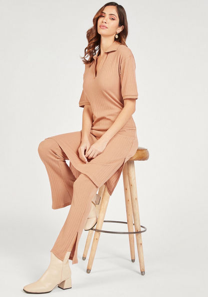 Textured Mid-Rise Pants with Elasticated Waistband and Side Slits-Pants-image-1
