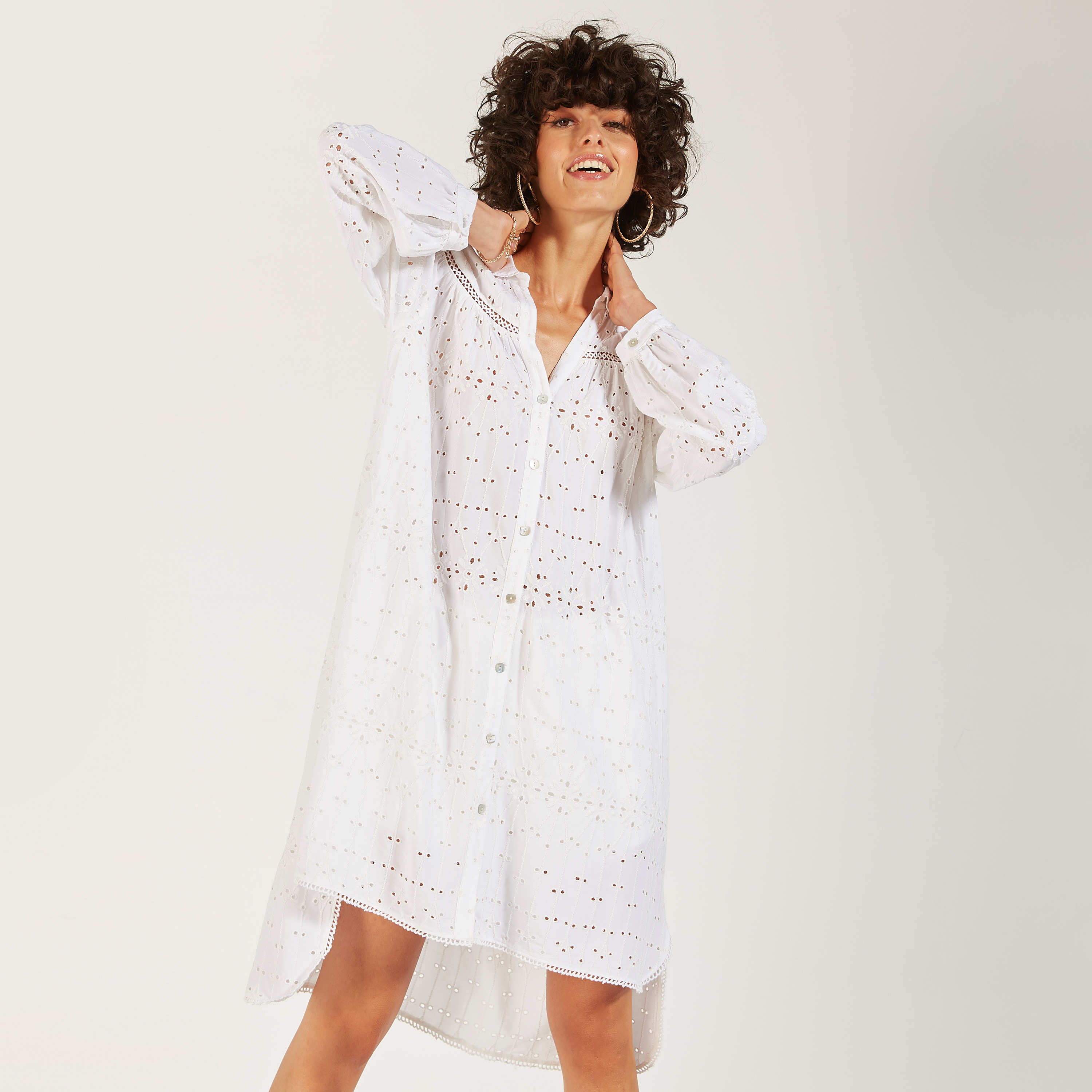 تونيك شيفلي طويل بياقة عادية وأزرار إغلاق-women-clothing-shirtsandblouses-blouses-image-1