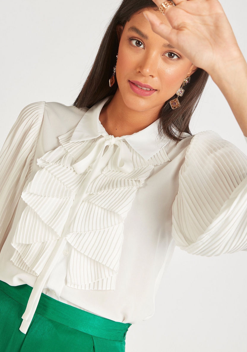 Solid Pleated Top with Tie-Up Neck and Bishop Sleeves-Shirts & Blouses-image-0