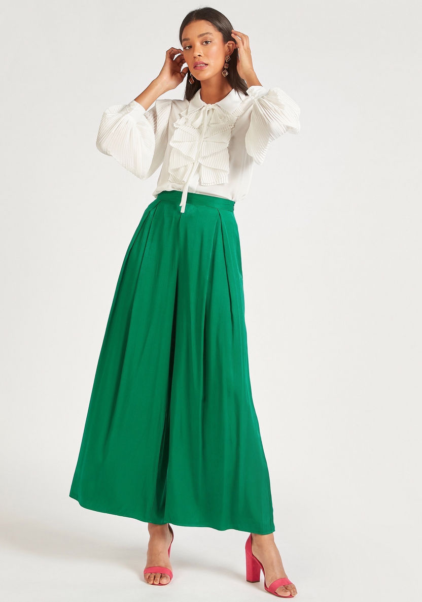 Solid Pleated Top with Tie-Up Neck and Bishop Sleeves-Shirts & Blouses-image-1