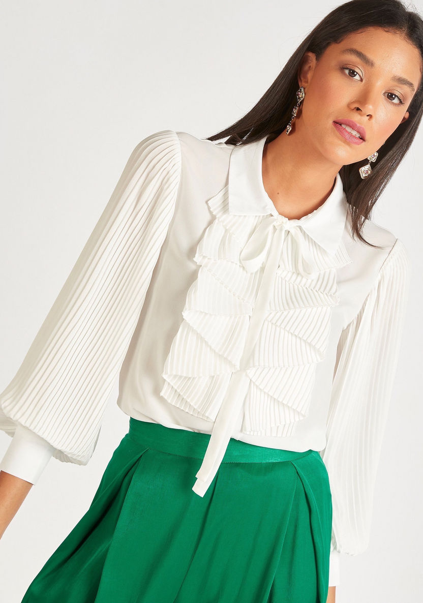Solid Pleated Top with Tie-Up Neck and Bishop Sleeves-Shirts & Blouses-image-2