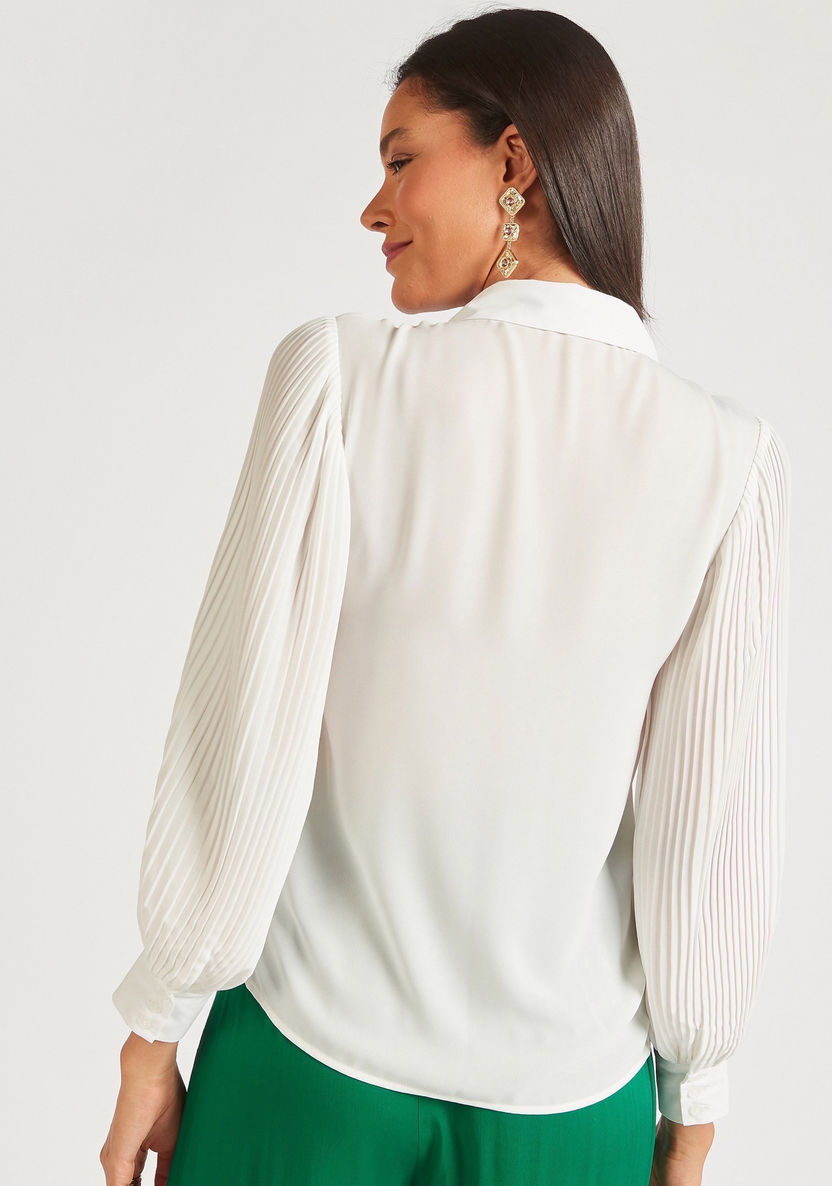 Solid Pleated Top with Tie-Up Neck and Bishop Sleeves-Shirts & Blouses-image-3