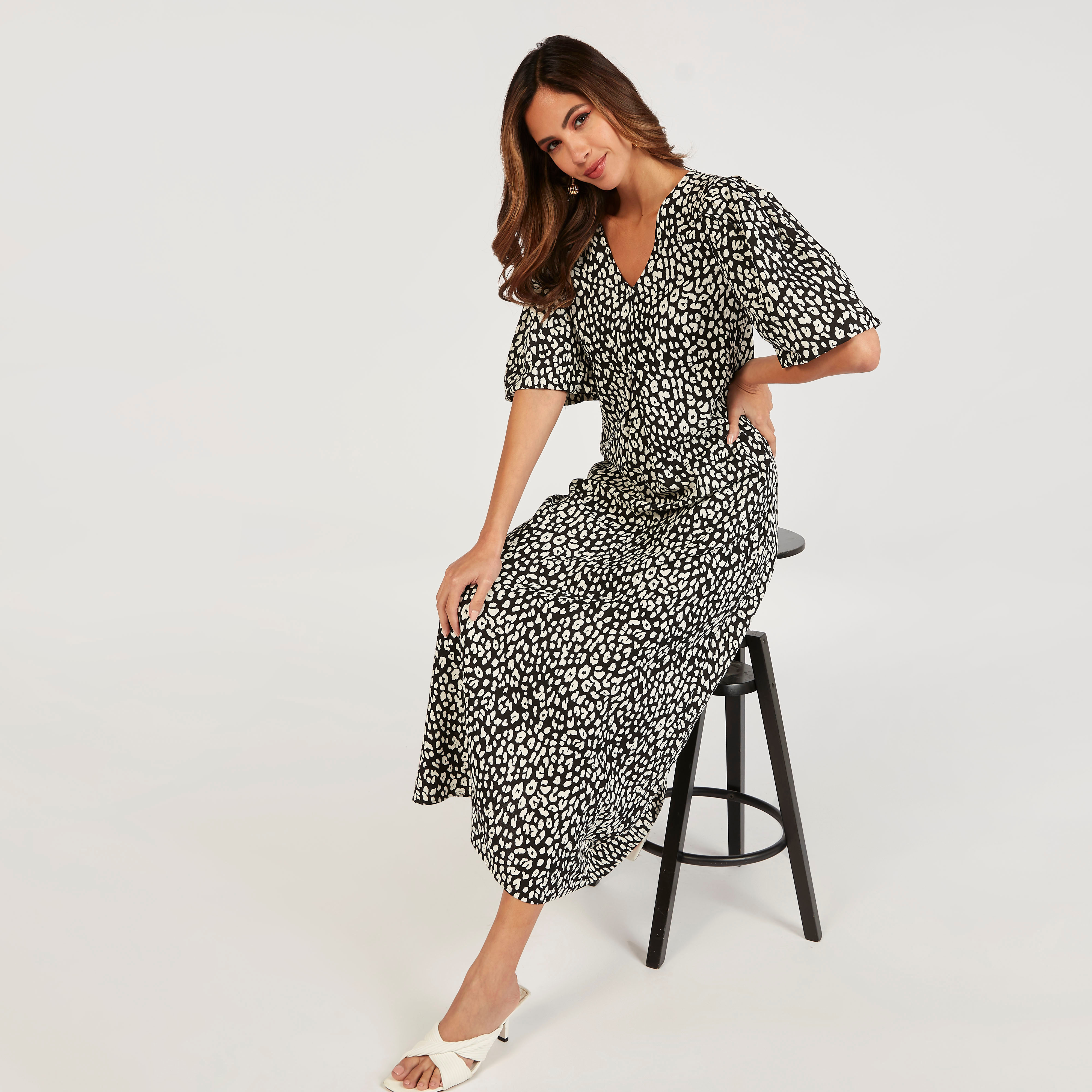 فستان طويل بأكمام قصيرة وأربطة وطبعات حيوانات-women-clothing-dresses-image-1