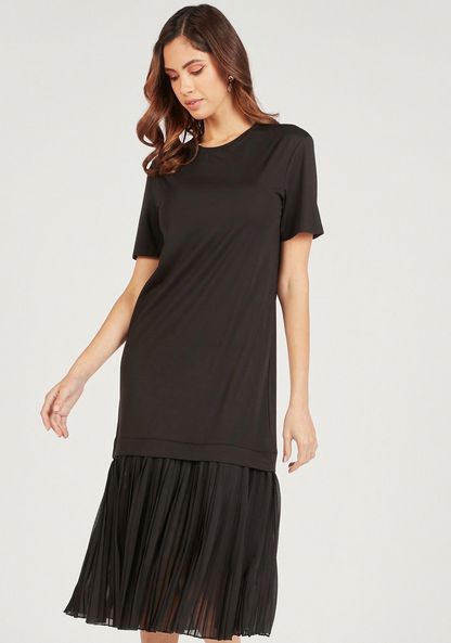 Solid Midi Shift Dress with Short Sleeves and Pleated Detail-Dresses-image-1