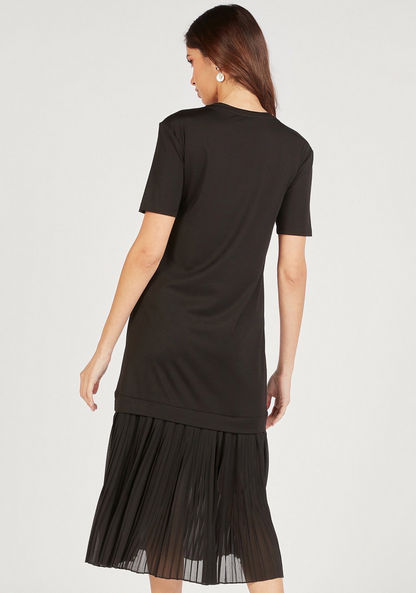 Solid Midi Shift Dress with Short Sleeves and Pleated Detail-Dresses-image-3