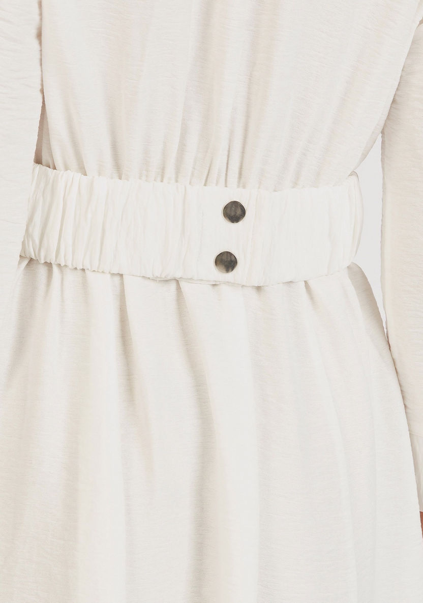 Solid V-neck A-line Dress with 3/4 Sleeves and Belt-Dresses-image-5