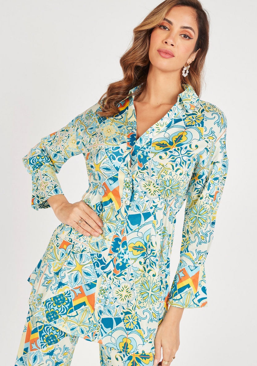 Printed Longline Shirt with V-neck and Long Sleeves-Shirts & Blouses-image-1
