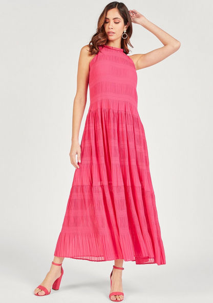 Textured Maxi Sleeveless Tiered Dress with Ruffle Detail-Dresses-image-0
